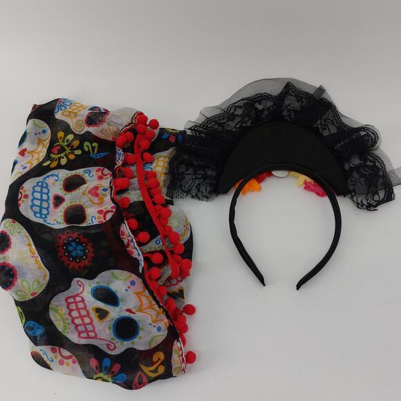 Day of the Dead Sugar Skull Head Band Dia De Los Muertos Scarf Cosplay - Picture 3 of 8